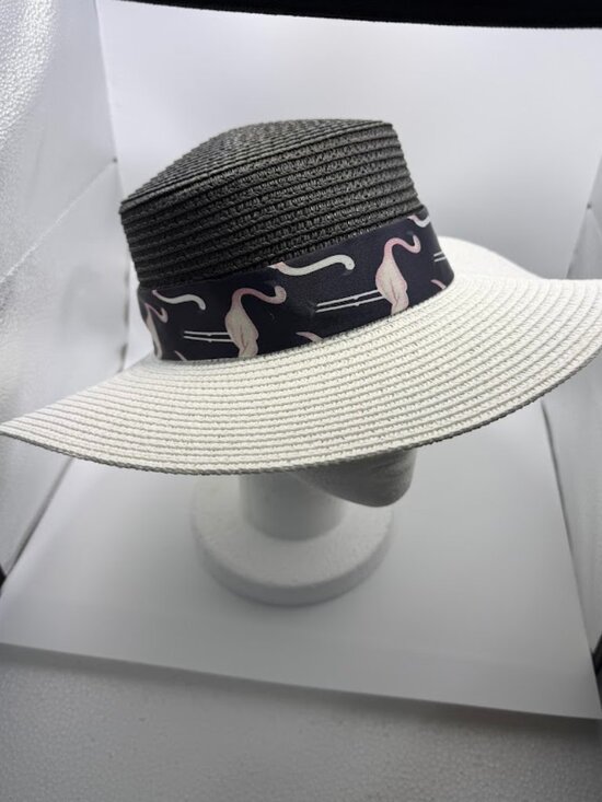 NEW Wide Brim Straw Sun Hat Black White Flamingo Ribbon Elegant Summer Style main image 5